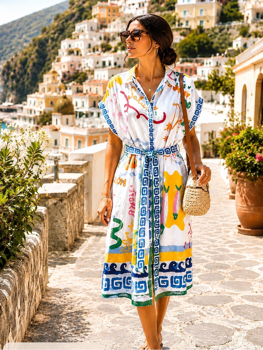 Printed Button-Front Midi Dress with Belt - White Multicolor